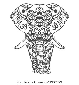 Greeting Beautiful card with Elephant. Ornamental animal made in vector. Illustration for design, pattern, textiles. Use for children clothes, pajamas