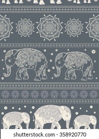 Greeting Beautiful card with Elephant. Pattern of animal made in vector. The pattern in ethnic style, elephant and decorations. Hand drawn map with Elephant.