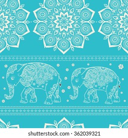 Greeting Beautiful card with Elephant. Pattern of animal made in vector. The pattern in ethnic style, elephant and decorations. Hand drawn map with Elephant.