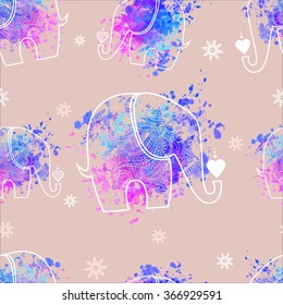 Greeting Beautiful card with Elephant. Pattern of animal made in vector. The pattern in ethnic style, elephant and decorations. Hand drawn map with Elephant.