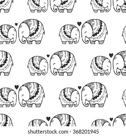 Greeting Beautiful card with Elephant. Pattern of animal made in vector. The pattern in ethnic style, elephant and decorations. Hand drawn map with Elephant.