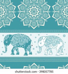 Greeting Beautiful card with Elephant. Pattern of animal made in vector. The pattern in ethnic style, elephant and decorations. Hand drawn map with Elephant. Mandala ornametal elemtnt for design