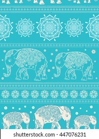 Greeting Beautiful card with Elephant. Pattern of animal made in vector. The pattern in ethnic style, elephant and decorations. Hand drawn map with 