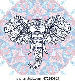Greeting Beautiful card with Ethnic patterned head of elephant. Vector illustration. Use for print, posters, t-shirts or for any other kind of design . african indian totem tattoo design.