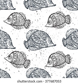 Greeting Beautiful card with fish. Frame of animal made in vector. Etno Style. Fish Illustration for design, pattern, textiles. Hand drawn map with sia