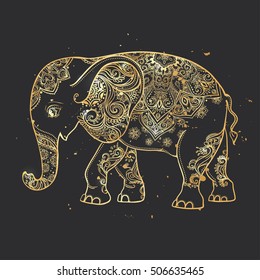 Greeting Beautiful card with Gold Elephant. Ornamental animal made in vector. Illustration for design, pattern, textiles. Use for children clothes, pajamas