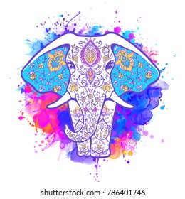 Greeting Beautiful card with Ornamental Elephant. Animal made in vector. Use for postcards, print on clothes. Banner decorations