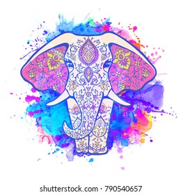 Greeting Beautiful card with Ornamental Elephant. Animal made in vector. Use for postcards, print on clothes. Banner decorations