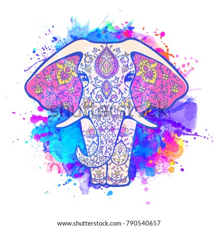 Greeting Beautiful card with Ornamental Elephant. Animal made in vector. Use for postcards, print on clothes. Banner decorations