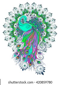 Greeting Beautiful card with peacock. Bird peacock made in vector Color bird for the design of textiles, clothing, T-shirts, wallpaper, print, wall stickers, print ethnic, east orient ornament