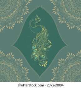 Greeting Beautiful card with peacock. Frame of peacock made in vector. Perfect cards, or for any other kind of design, birthday and other holiday.Seamless hand drawn map with peacock.