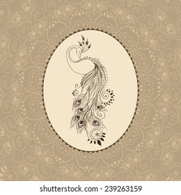 Greeting Beautiful card with peacock. Frame of peacock made in vector. Perfect cards, or for any other kind of design, birthday and other holiday.Seamless hand drawn map with peacock.