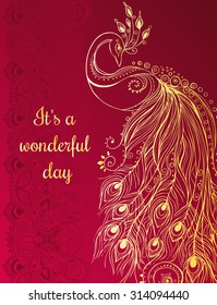 Greeting Beautiful card with peacock. Frame of peacock made in vector. Perfect cards, or for any other kind of design, birthday and other holiday.Seamless hand drawn map with peacock.