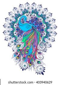 Greeting Beautiful card with peacock Peacock made in vector Color bird for the design of textiles, clothing, T-shirts, wallpaper, print, wall stickers, print Peacock ethnic, east orient ornament