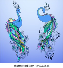 Greeting Beautiful card set with peacock. Frame of peacock made in vector. Perfect cards, or for any other kind of design, birthday and other holiday.Seamless hand drawn map with peacock.