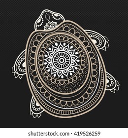 Greeting Beautiful card with turtle. Frame of animal made in vector. Etno Style. Turtle Illustration for design, pattern, textiles. Hand drawn map with turtle 