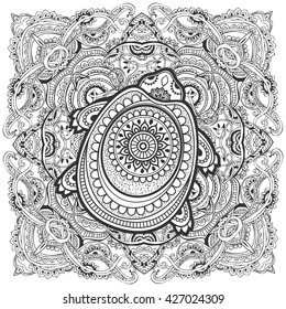 Greeting Beautiful card with turtle. Frame of animal made in vector. Boho Style. Turtle Illustration for design, pattern, textiles. Hand drawn map with turtle. Coloring book pages