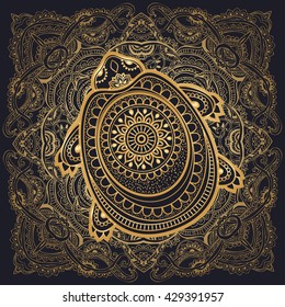 Greeting Beautiful card with turtle. Frame of animal made in vector. Etno Style. Turtle Illustration for design, pattern, textiles. Hand drawn map with turtle. Coloring book pages