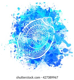 Greeting Beautiful card with turtle watercolor. Frame of animal made in vector. Etno Style. Turtle Illustration for design, pattern, textiles. Hand drawn map with turtle. Coloring book pages