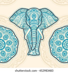 Greeting Beautiful pattern with Elephant. Pattern of animal made in vector. The pattern in ethnic style, elephant and decorations. Hand drawn with mandala svg