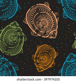 Greeting Beautiful pattern with turtle. Frame of animal made in vector. Etno Style. Turtle Illustration for design, pattern, textiles. Hand drawn map with turtle 