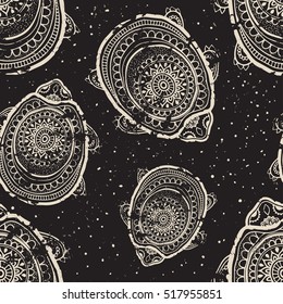 Greeting Beautiful pattern with turtle. Frame of animal made in vector. Etno Style. Turtle Illustration for design, pattern, textiles. Hand drawn map with turtle 