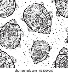 Greeting Beautiful pattern with turtle. Frame of animal made in vector. Etno Style. Turtle Illustration for design, pattern, textiles. Hand drawn map with turtle 