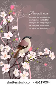 Greeting beautiful spring vector card with bird, blossom and hearts