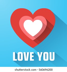 Greeting beautiful template with love confession red flat heart long shadow on blue background isolated vector illustration