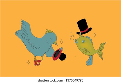 Greeting between bird and fish