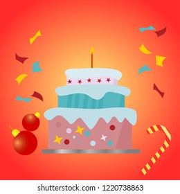 Greeting big cake and candles. Concept Birthday or Christmas. Vector illustration
