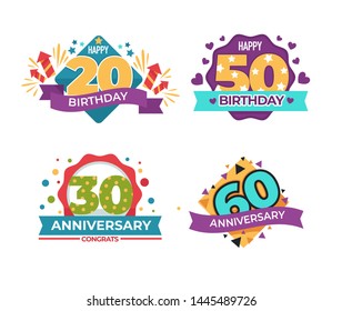 Greeting birthday and anniversary isolated icons vector fireworks and hearts confetti festive stickers with dates and wishes numbers and lettering celebration and congratulation emblems or logos.