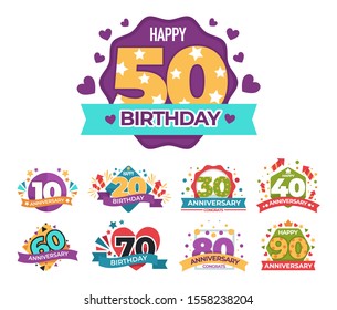 Greeting birthday and anniversary isolated icons, confetti and fireworks vector. Heart and crown, festive stickers with dates and wishes, numbers and lettering. Event or holiday celebration logo