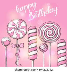 Greeting Birthday background with hand drawn lollipops and hand written brush trendy lettering of Happy Birthday. Vector design. Poster, flyer, brochure, web, advertising