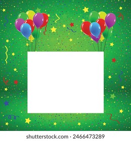 Greeting or Birthday Card with Balloons Confetti Copy Space. Festive banners and celebration concept