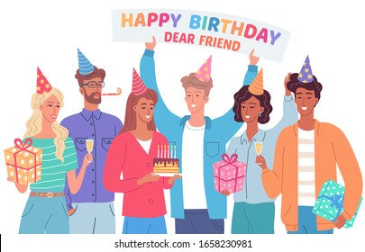 Greeting birthday card for best friend. Group of friends celebrate birthday party vector illustration