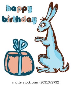 Greeting birthday card with blue rabbit and gift box