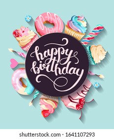 Greeting birthday card with cupcakes and cakes