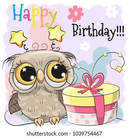 Greeting Birthday card cute Cartoon Owl with gift