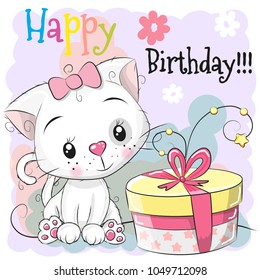 Greeting Birthday card cute Cartoon white Kitten with gift