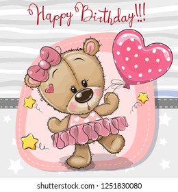 Greeting birthday card Cute Cartoon dancing Teddy Bear girl