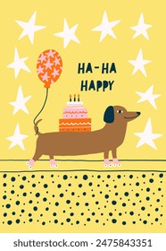 Tarjeta de cumpleaños lindo perro dachshund con pastel y globo. Postal de diseño de celebración de Vector