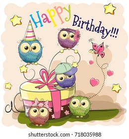 Greeting Birthday card cute five Owls with gift