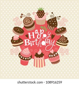 greeting birthday card with cute little cakes