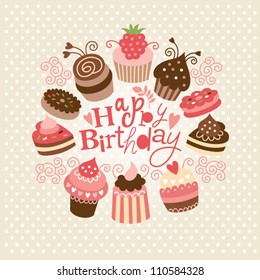 Greeting birthday card with cute little cakes