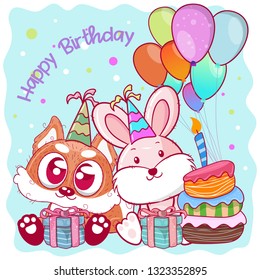 Greeting birthday card with cute rabbit and fox - Illustration