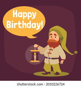 Greeting birthday card with cute tale cartoon bearded gnome holding lantern. Funny fantasy male character for kids holiday design. Flat vector illustration.