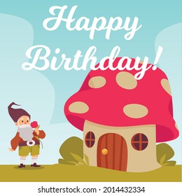 Greeting birthday card with cute tale garden gnome holding rose in hand. Holiday kids design with funny fantasy character. Flat cartoon vector illustration.