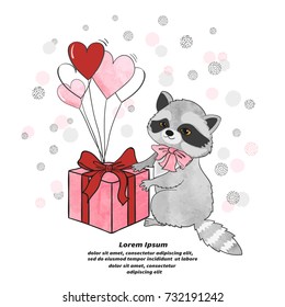 Greeting Birthday card design with cute raccoon. Vector illustration.