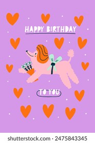 Greeting Birthday Card Dog Poodle with Bouquet Flower. Vector Celebration Design Postcard